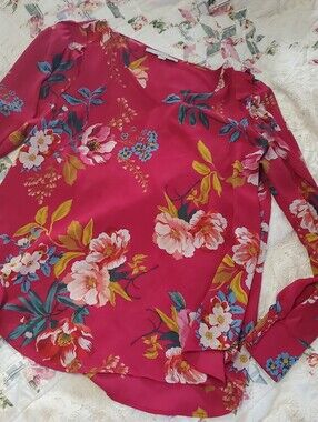 LOFT Fuchsia Floral Cinched Long-Sleeve Blouse Large